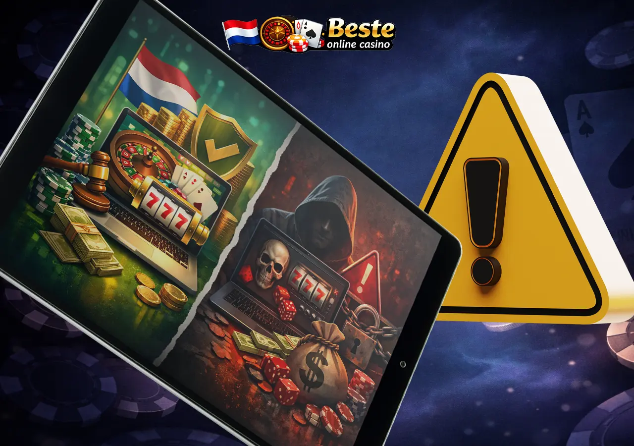 Het verschil tussen legale en illegale casino's met een waarschuwingssymbool